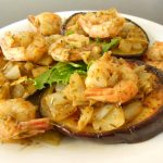 Baked and Fried Aubergine with King Prawns