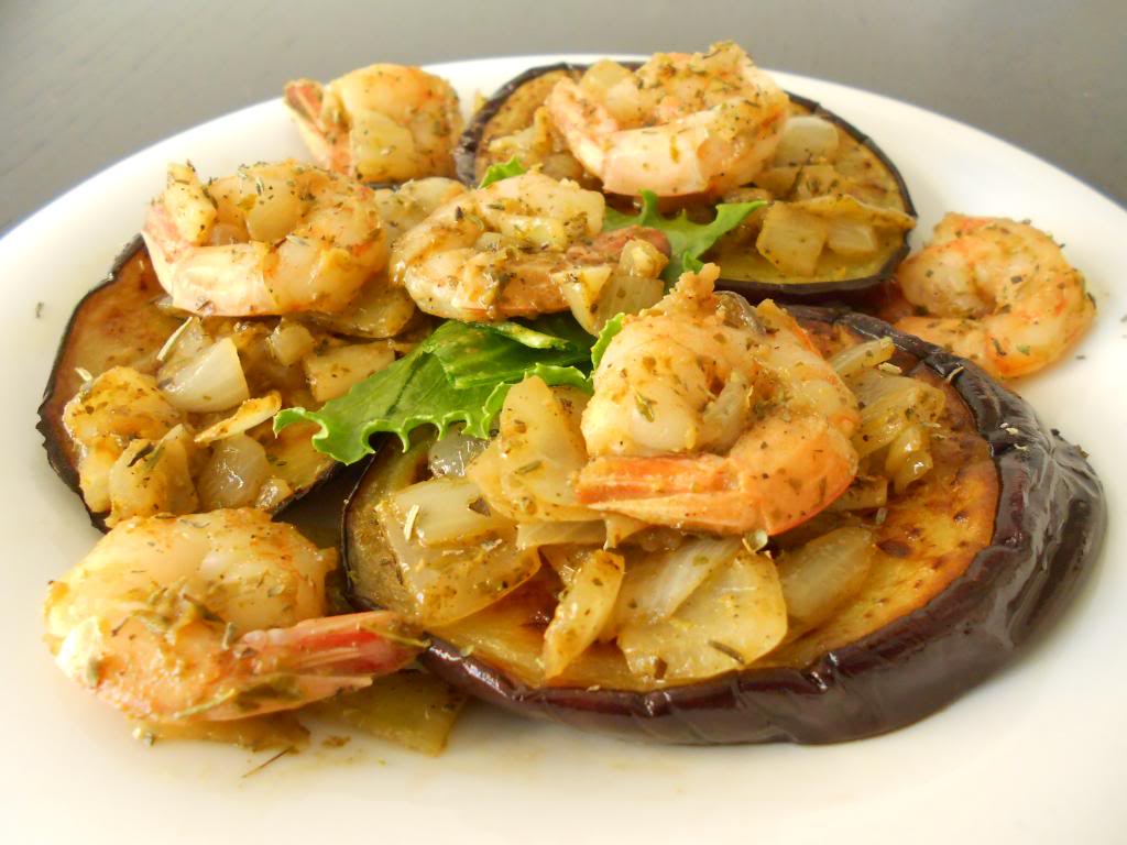 Baked and Fried Aubergine with King Prawns