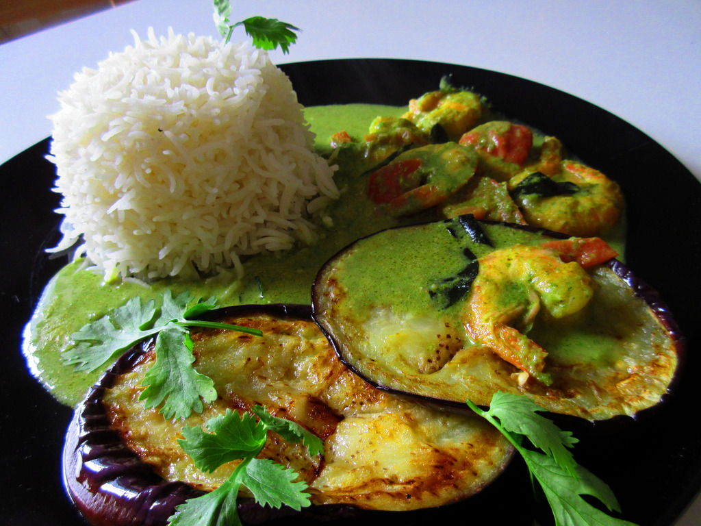 Shrimps and grilled aubergine in coconut and coriander curry